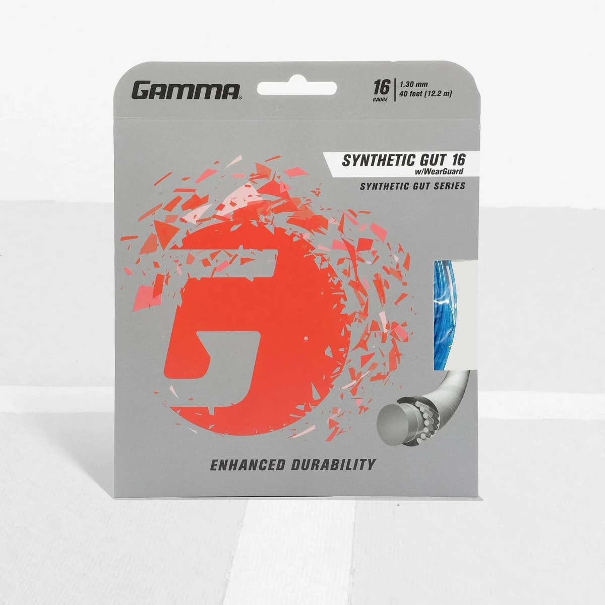 Tennis racket synthetic gut string set with wear-resistant construction in retail packaging, designed for enhanced durability and performance.