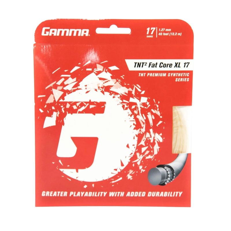 Tennis racket string set in retail packaging, designed for enhanced playability, power, and added durability.