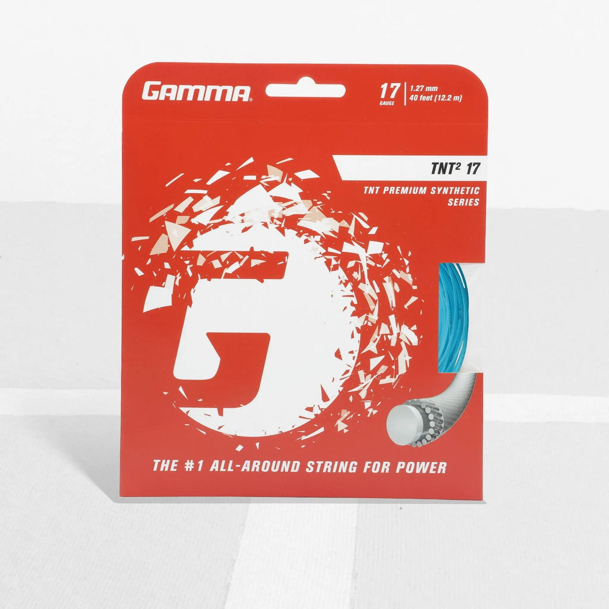Tennis racket string set in retail packaging, designed for all-around performance with enhanced power and playability.