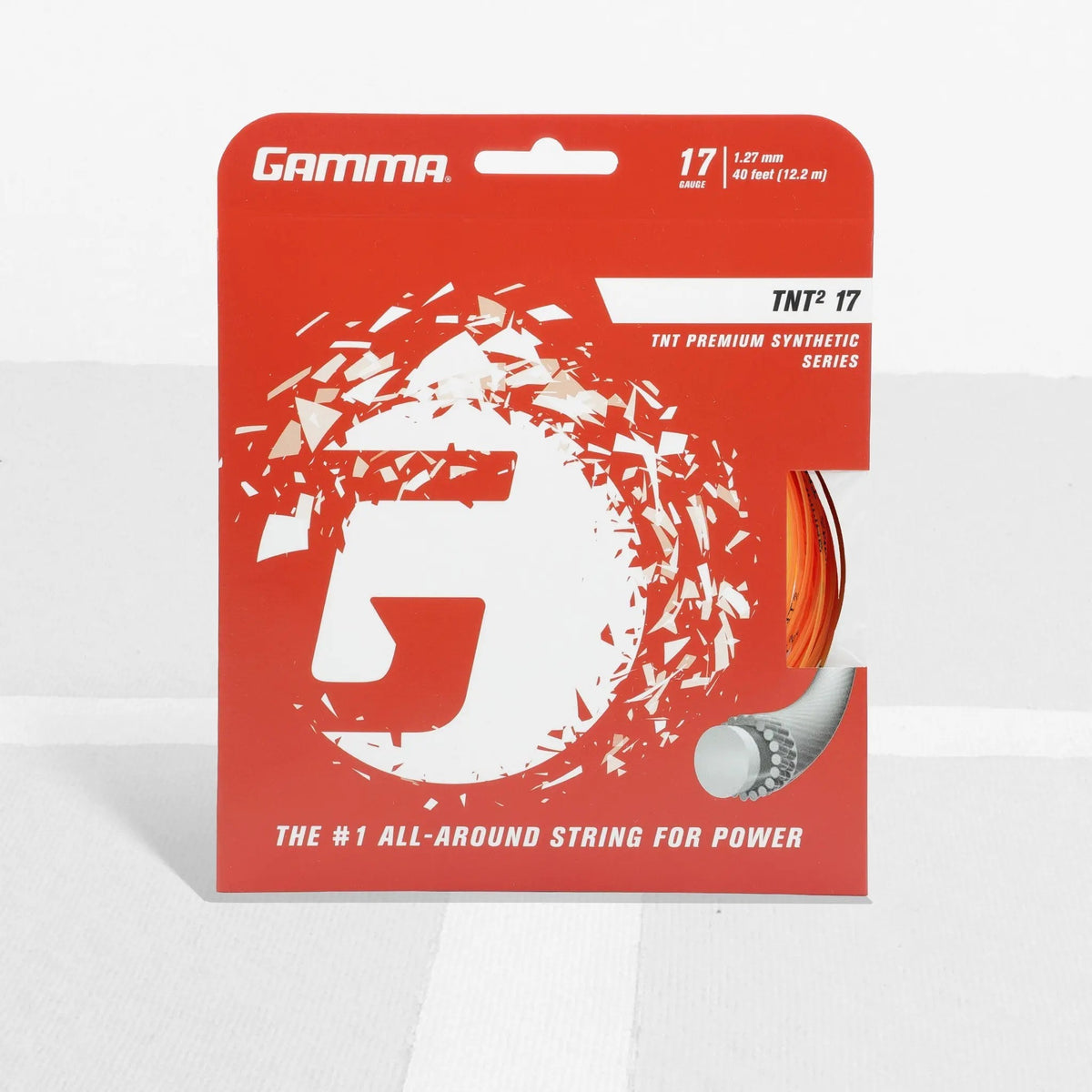 Tennis racket string set in retail packaging, designed for all-around performance with enhanced power and playability.