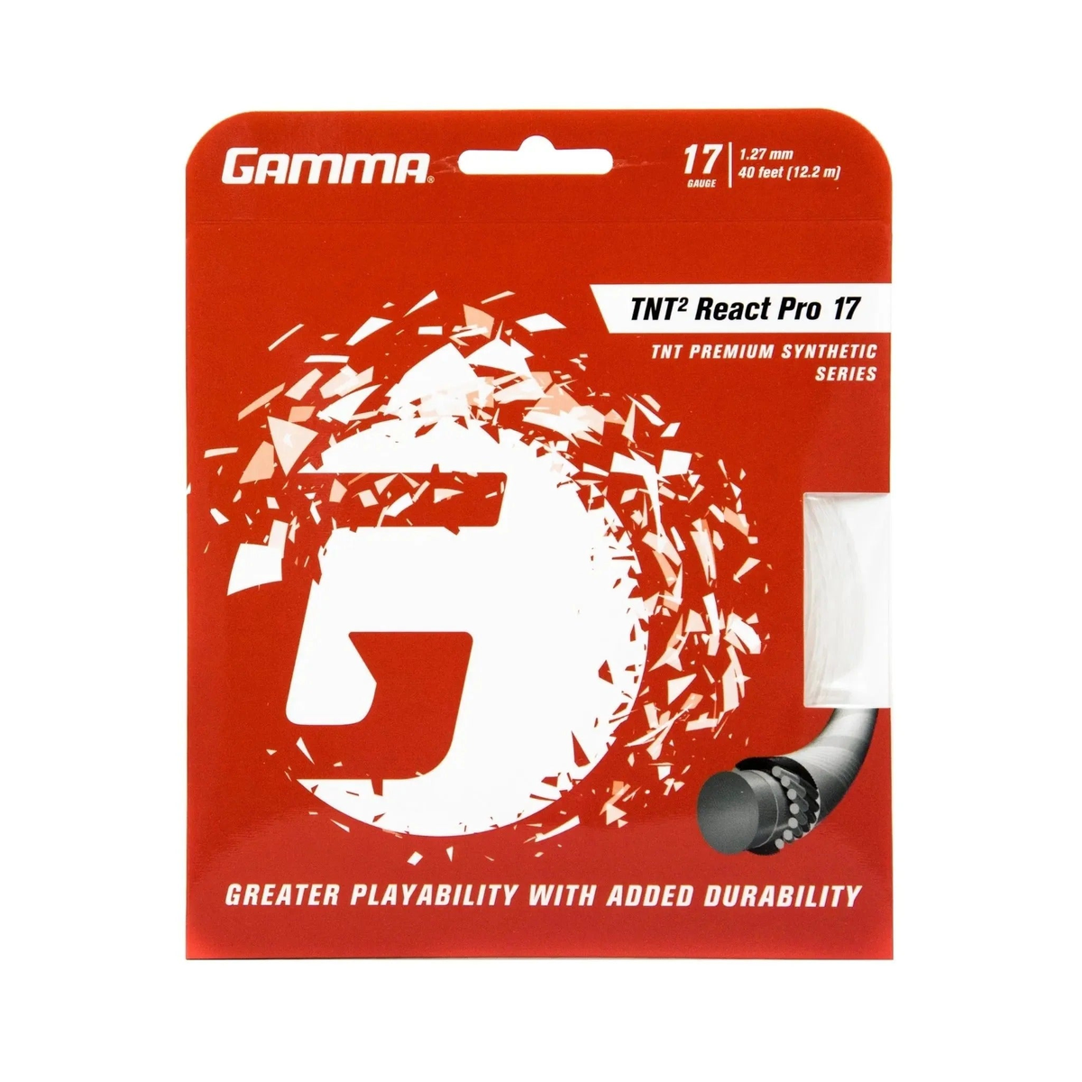 Tennis racket string set in retail packaging, designed for enhanced playability, responsiveness, and durability.