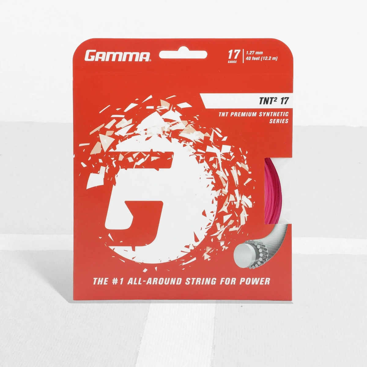 Tennis racket string set in retail packaging, designed for all-around performance with enhanced power and playability.