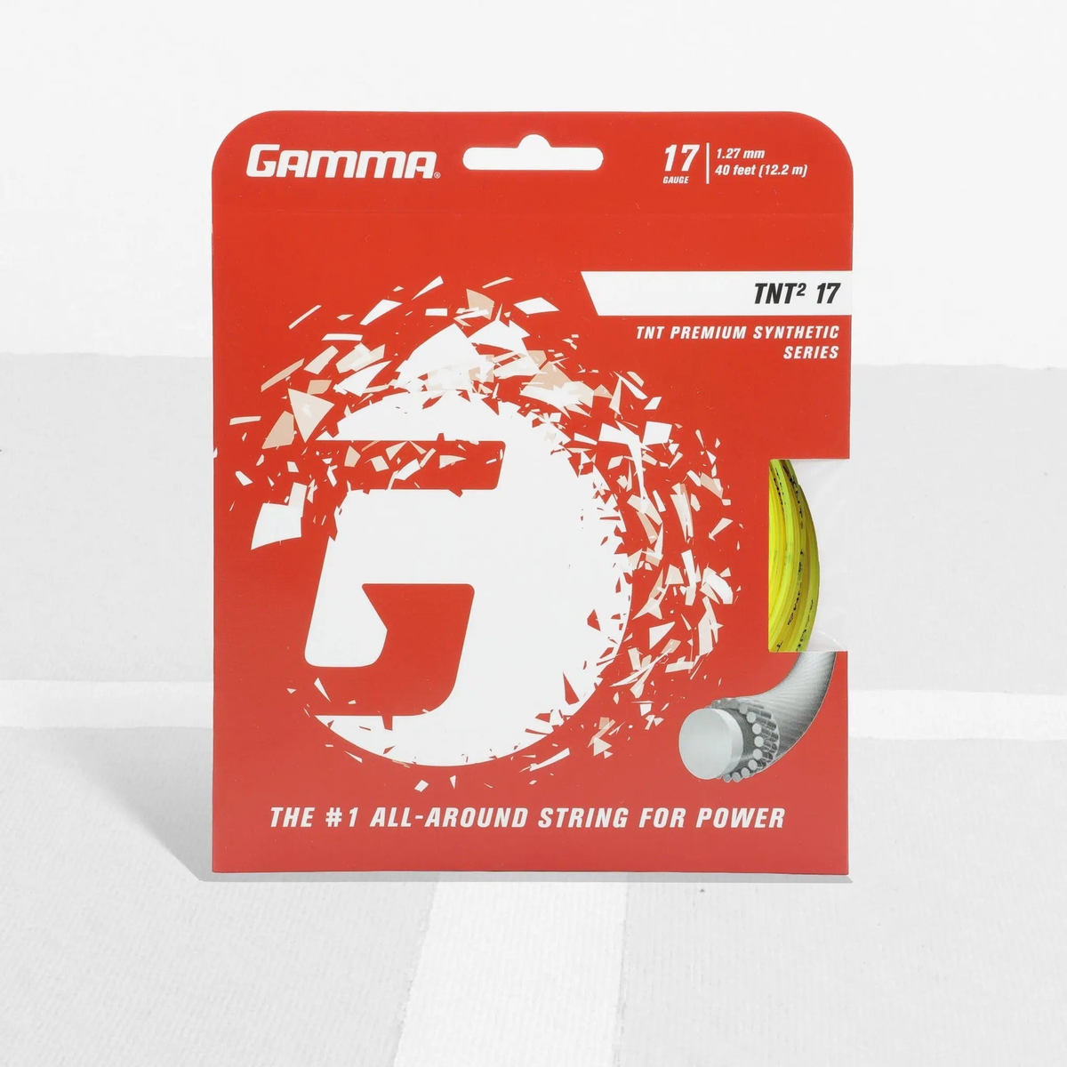 Tennis racket string set in retail packaging, designed for all-around performance with enhanced power and playability.