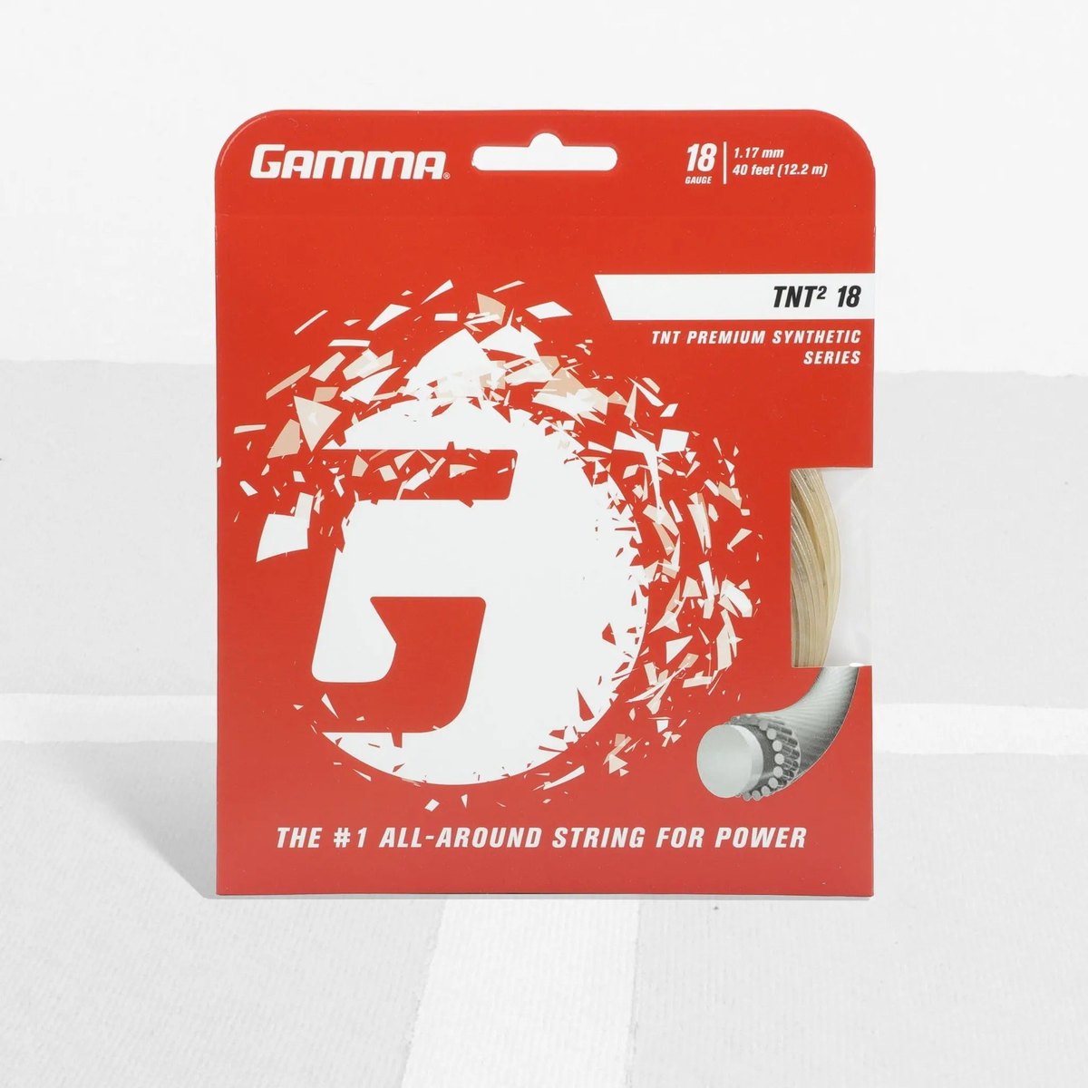 Tennis racket string set in retail packaging, designed for all-around performance with enhanced power and playability.
