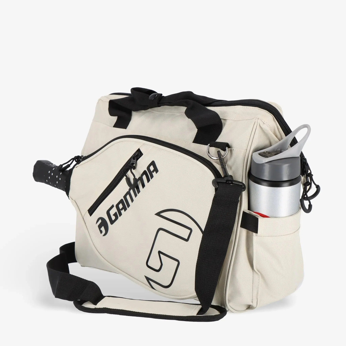 Sport tote bag with carry handles and shoulder strap, featuring multiple zippered compartments and a side pocket for holding a water bottle or gear.