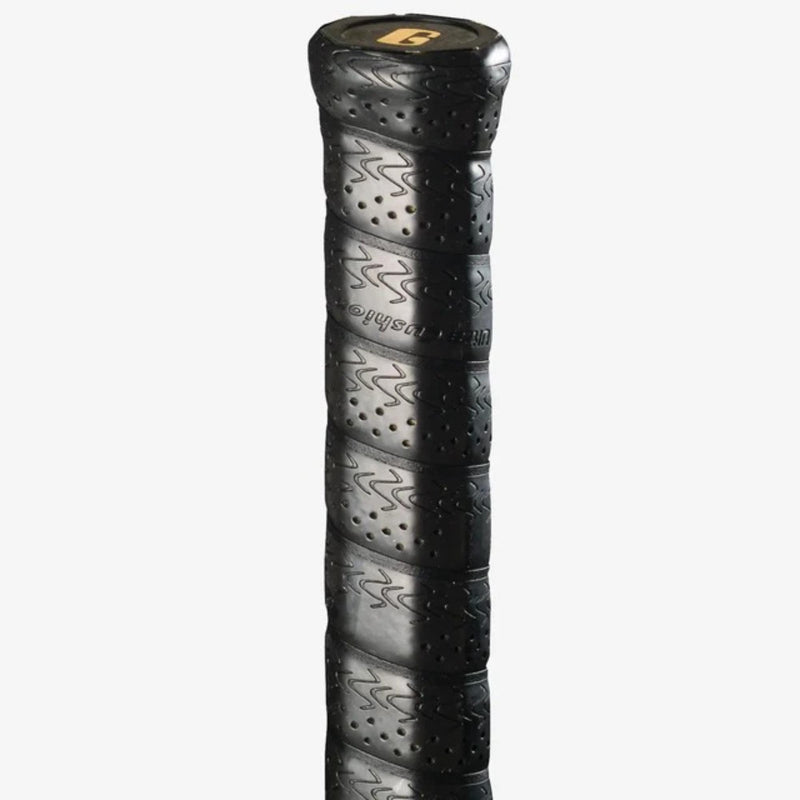 Textured replacement grip for racquet handles featuring cushioned padding and a patterned surface for enhanced control and comfort.