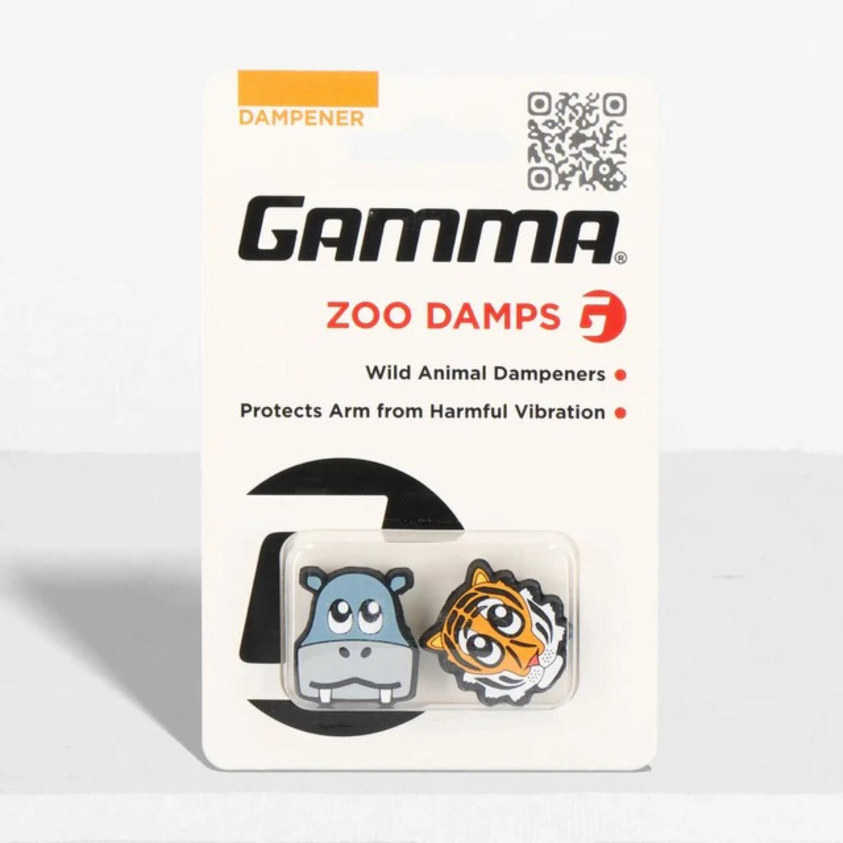 Tennis racket vibration dampeners featuring animal designs, packaged in a small retail display for reducing string vibration.