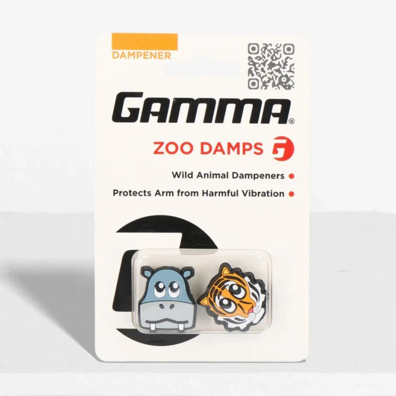 Tennis racket vibration dampeners featuring animal designs, packaged in a small retail display for reducing string vibration.