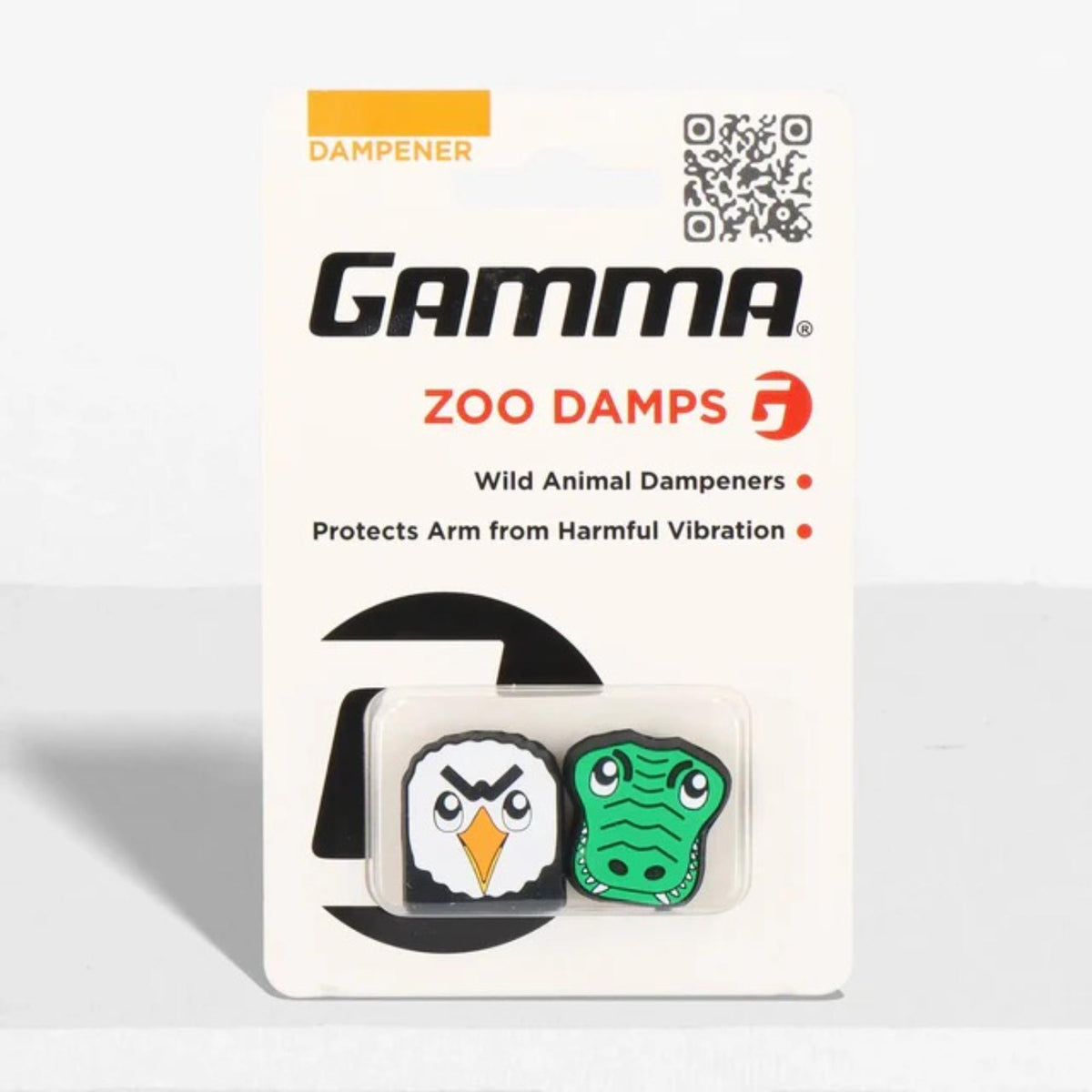 Tennis racket vibration dampeners featuring animal designs, packaged in a small retail display for reducing string vibration.