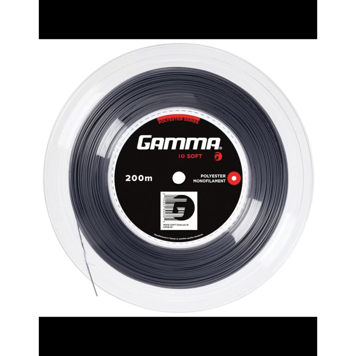 Reel of polyester monofilament tennis string designed for durability and controlled performance, packaged in a circular spool for stringing racquets.