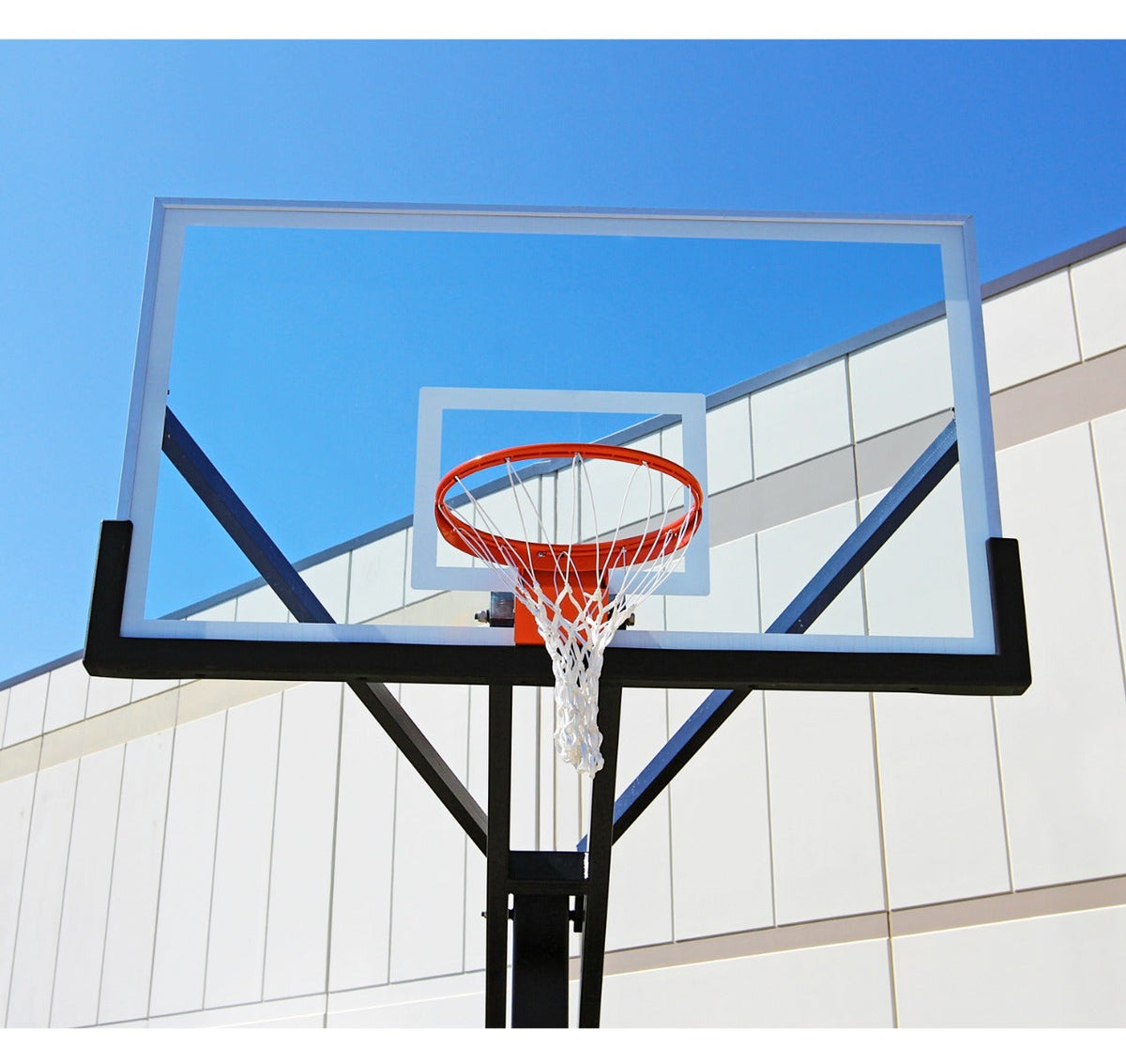 Porter Athletic Big Shot Pro Package Glass backboard is weather resistant and powder coated with an aluminum frame