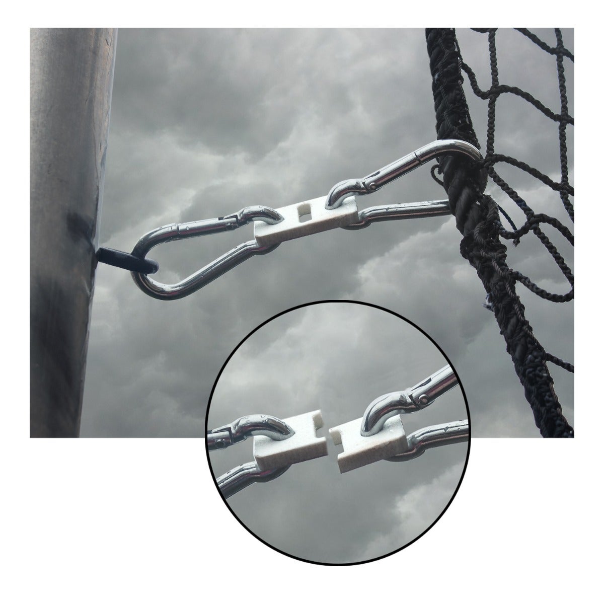 Gill Athletics Ball Stop Net Release Plastic clip breaks in high winds, dropping the net to the ground