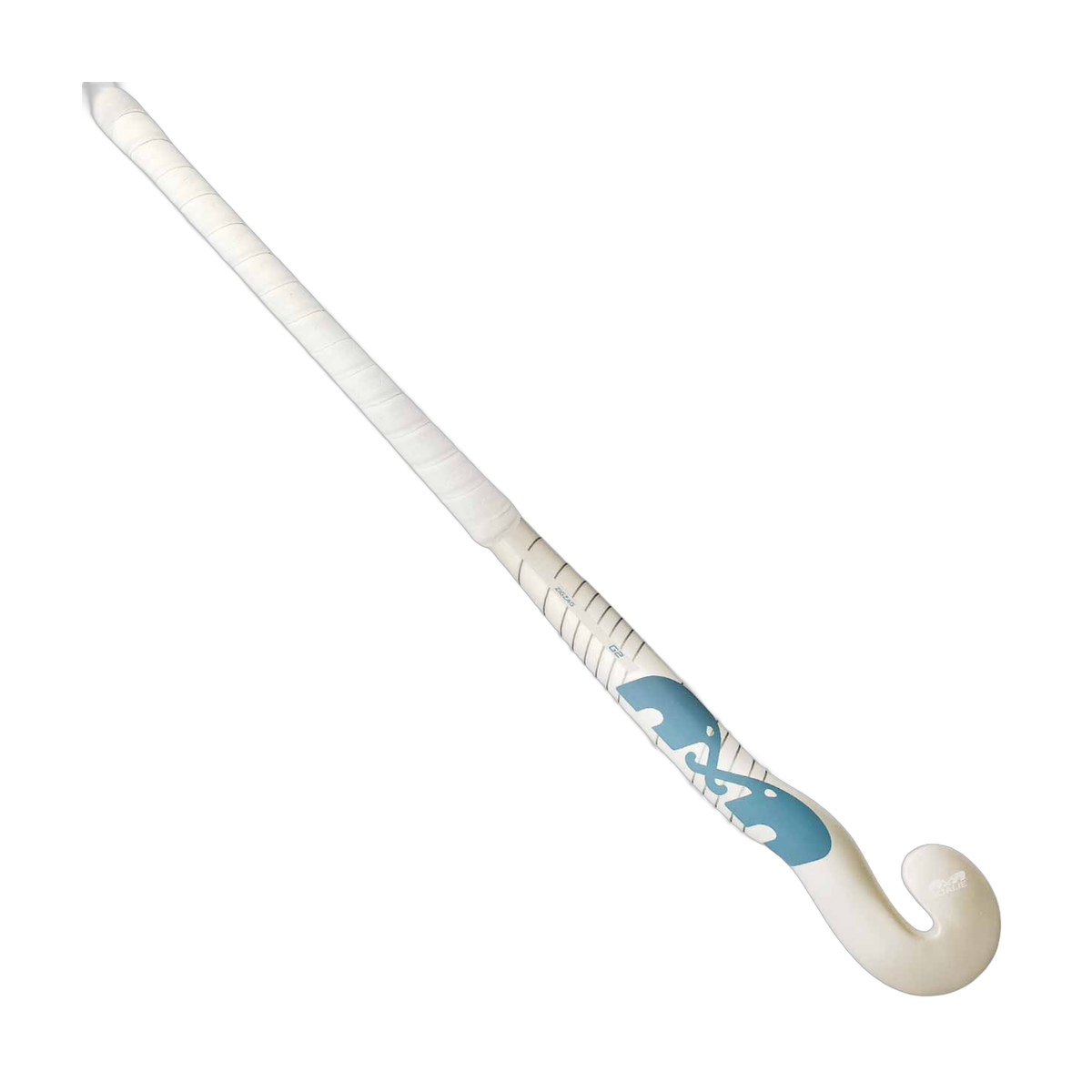 TK Goalie Curve field hockey stick in white with light blue graphic accents