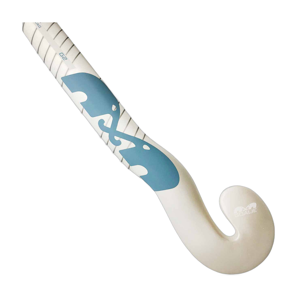 TK Goalie Curve field hockey stick in white with light blue graphic accents