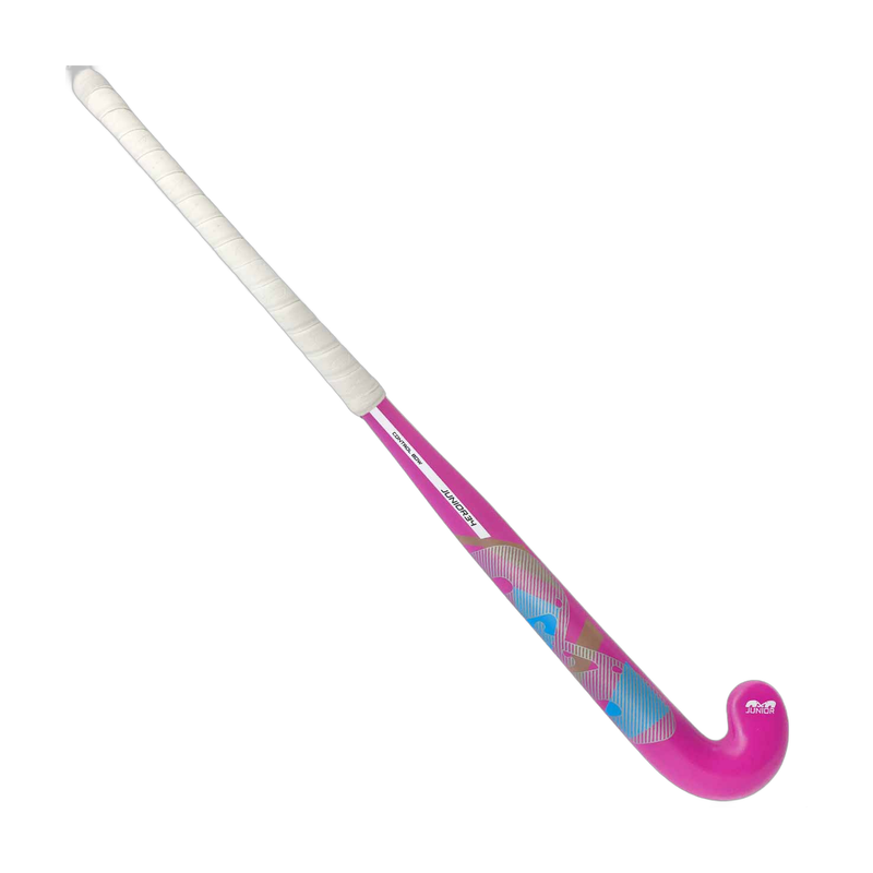 TK Junior Control Bow field hockey stick in bright pink with blue and tan graphic accents