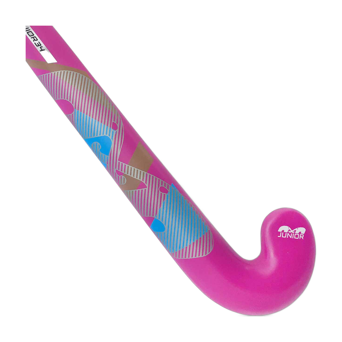 TK Junior Control Bow field hockey stick in bright pink with blue and tan graphic accents