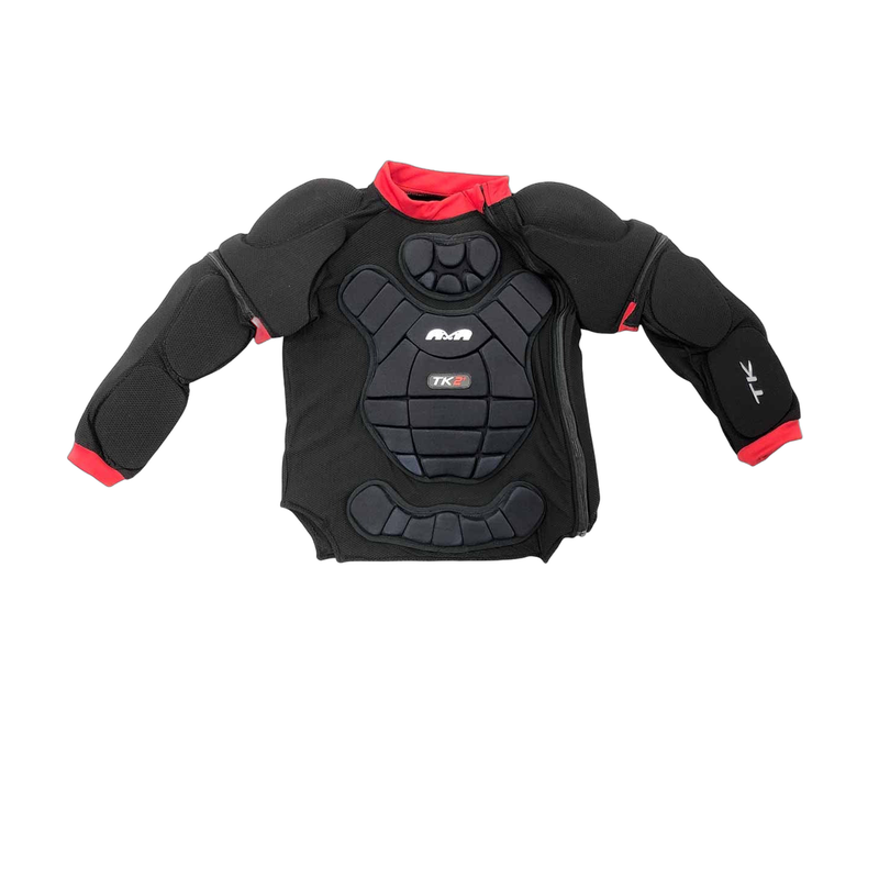 TK2 Plus full body protector designed for goalkeepers, featuring comprehensive torso, shoulder, and arm protection with high-density impact padding, breathable mesh construction, and a zip-front design for easy wear and a secure, flexible fit