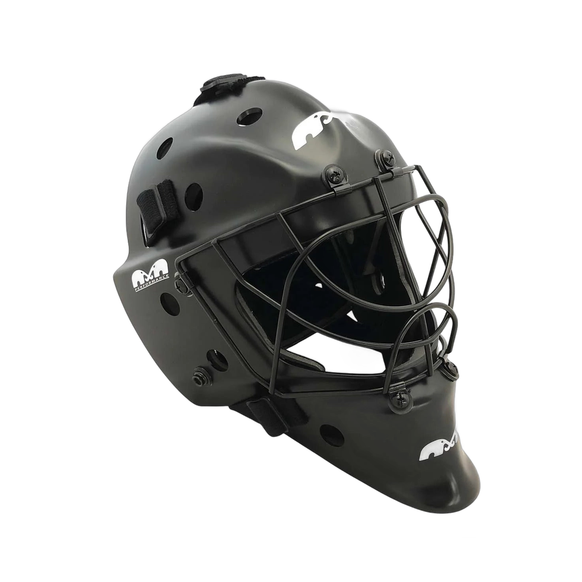 TK Performance field hockey goalkeeping helmet with full face cage, ventilated shell, and adjustable straps for secure protection