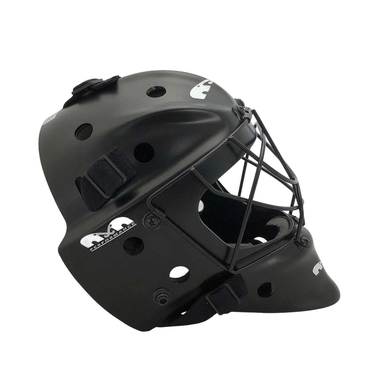 TK Performance field hockey goalkeeping helmet with full face cage, ventilated shell, and adjustable straps for secure protection
