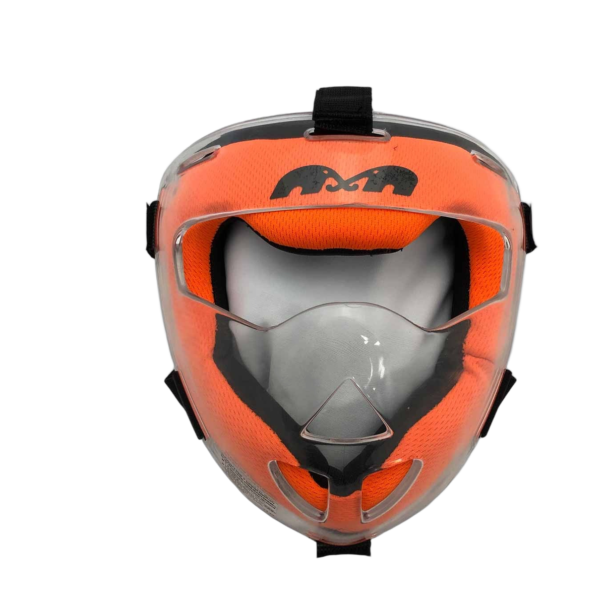 TK3 field hockey player face mask with clear outer shell, orange padded interior, and adjustable straps for protective wear during play