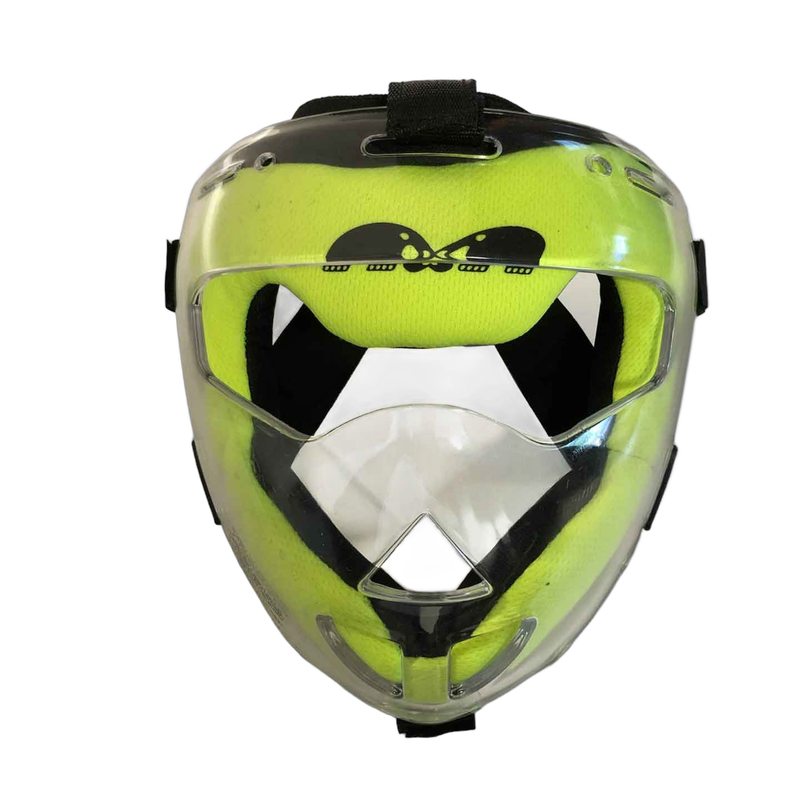 TK3 field hockey player face mask with clear outer shell, orange padded interior, and adjustable straps for protective wear during play