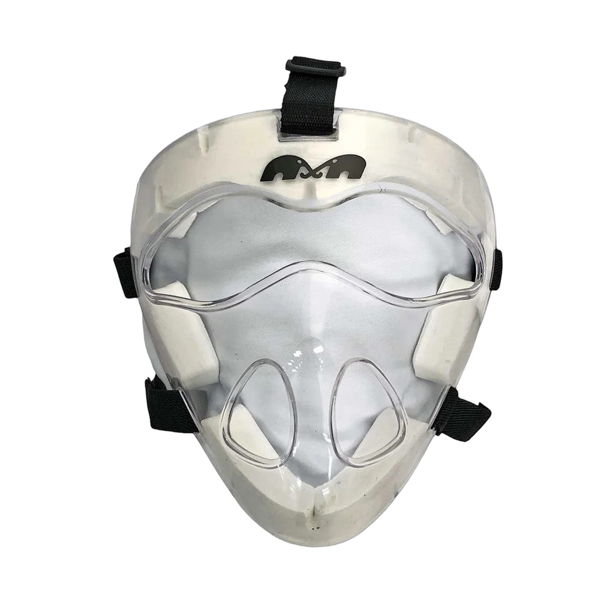 TK2 field hockey player face mask with clear molded shell, internal padding, and adjustable straps for on-field protection
