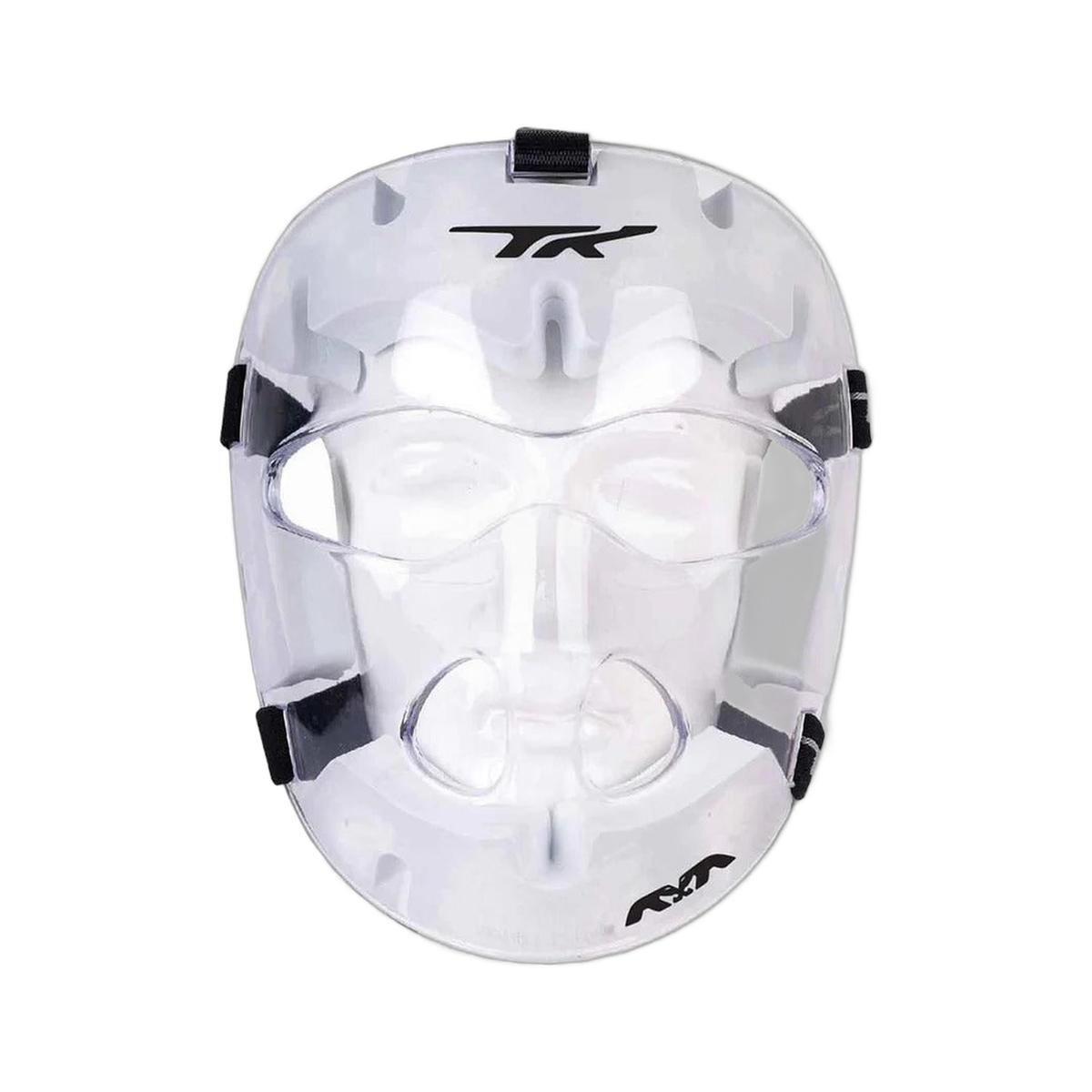 TK1 field hockey player face mask with clear contoured shell, ventilation openings, and adjustable straps for protective use during play