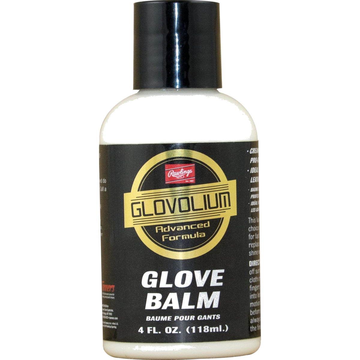 Rawlings Glovolium Advanced Formula glove balm in a 4 oz bottle, designed to clean, condition, and restore leather baseball and softball gloves while helping maintain softness and durability. ⚾