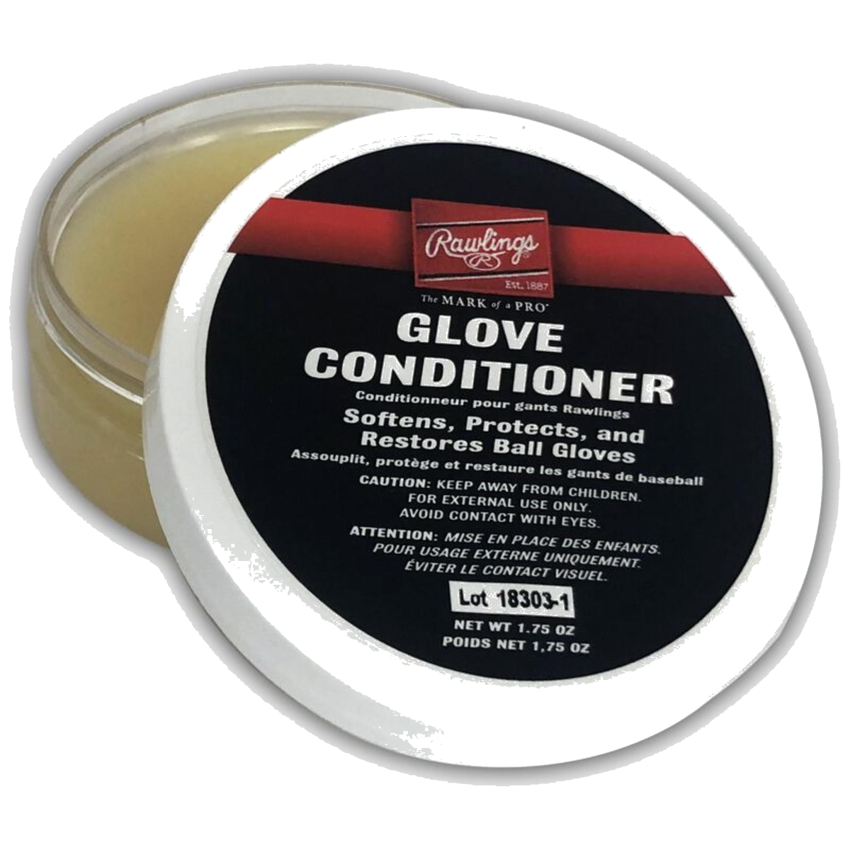 Rawlings Glove Conditioner in a small round tin, formulated to soften, protect, and restore leather baseball and softball gloves while helping maintain flexibility and durability. ⚾