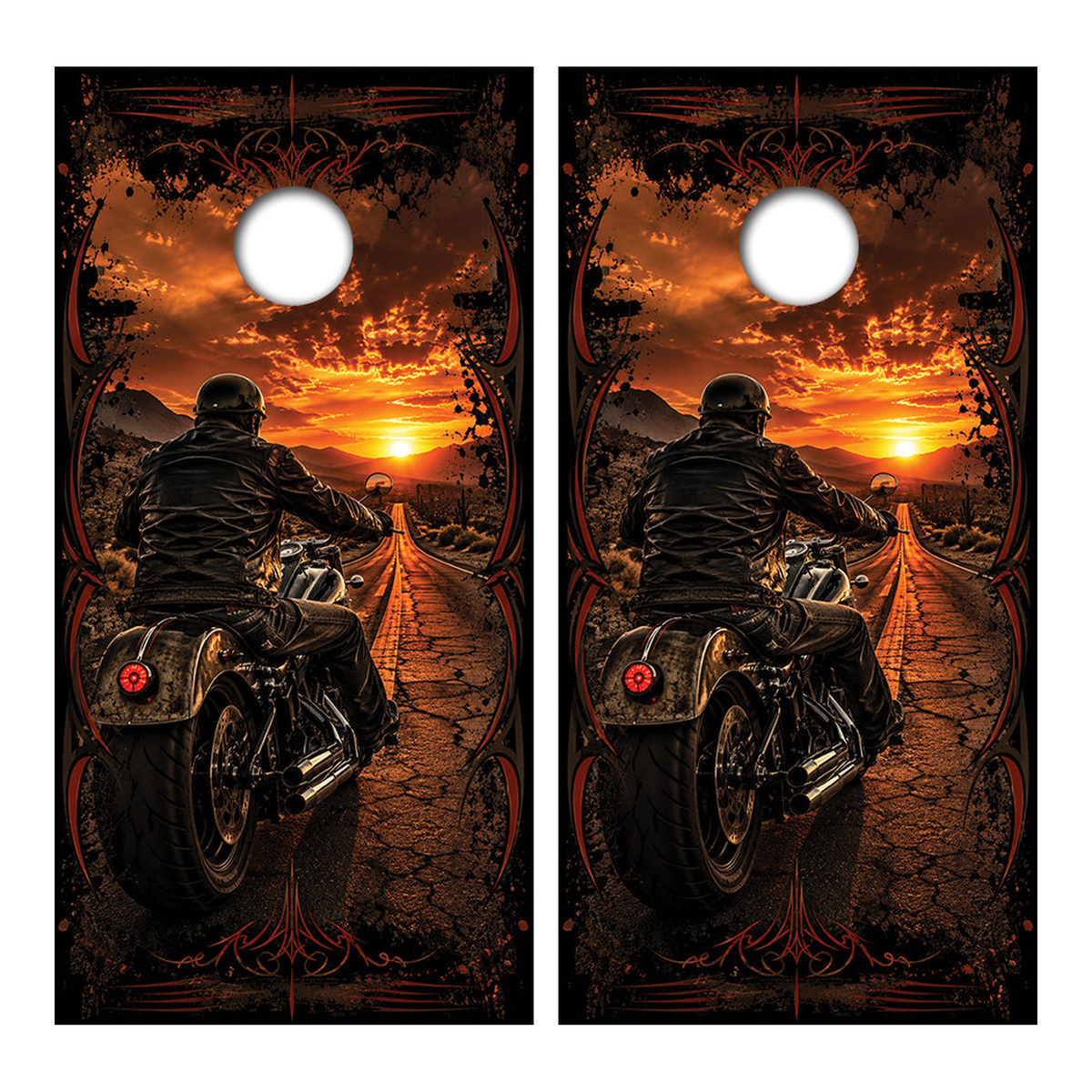 Harley Rider at Sun Set Cornhole Design - Corn5111 - Great Call Athletics