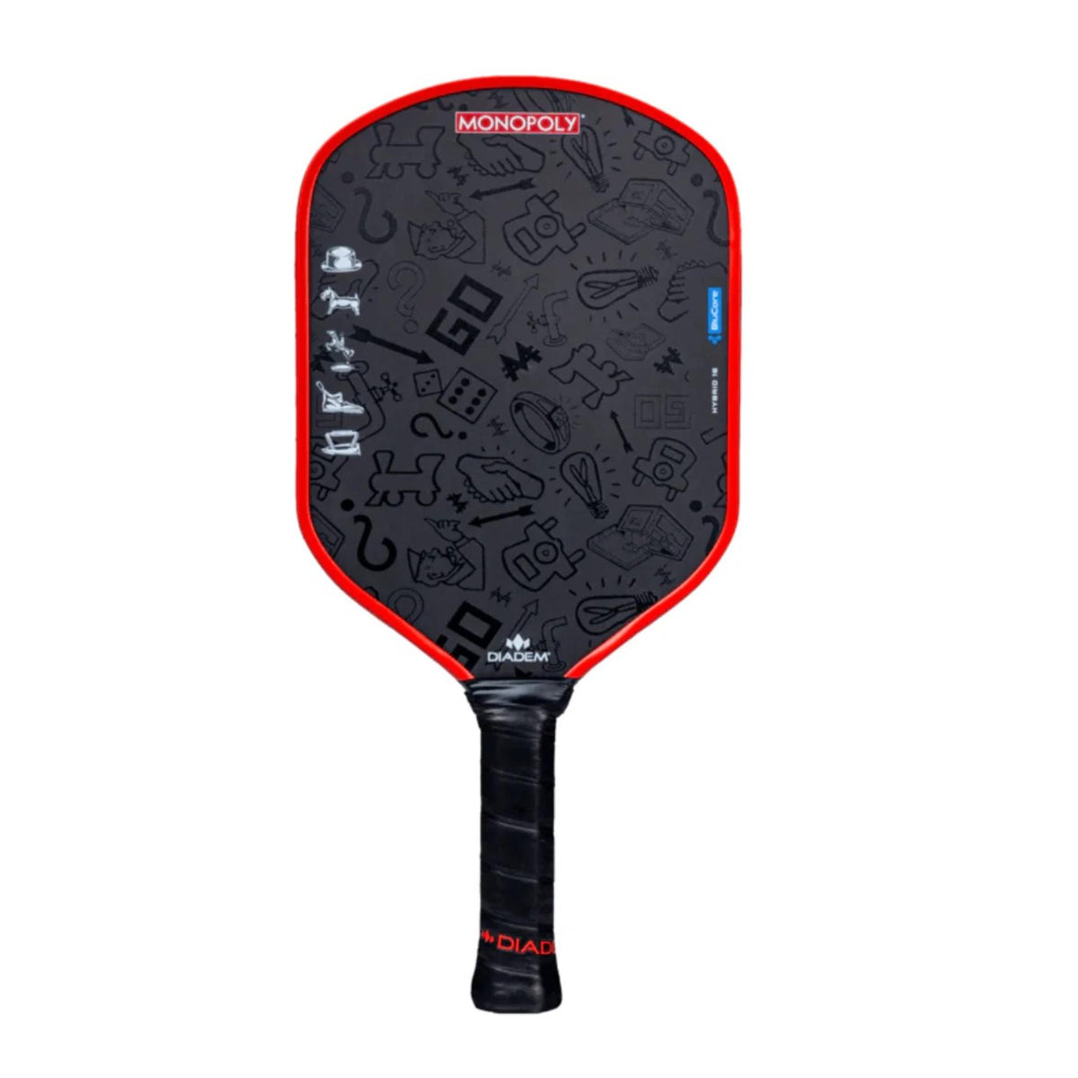 Diadem Edge BluCore x Monopoly limited edition pickleball paddle featuring a patterned face with Monopoly-themed icons and branding, shown upright with handle visible.
