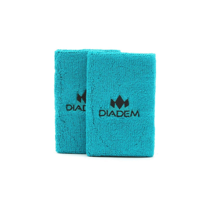 Pair of soft wristbands with embroidered logo, designed to absorb sweat during sports and athletic activities.