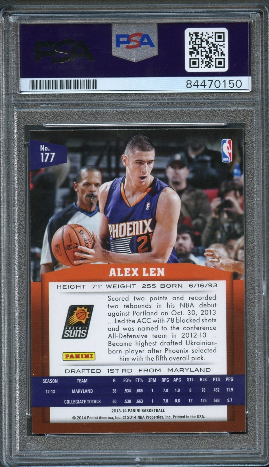 Back of Alex Len Panini #177 card in PSA/DNA holder