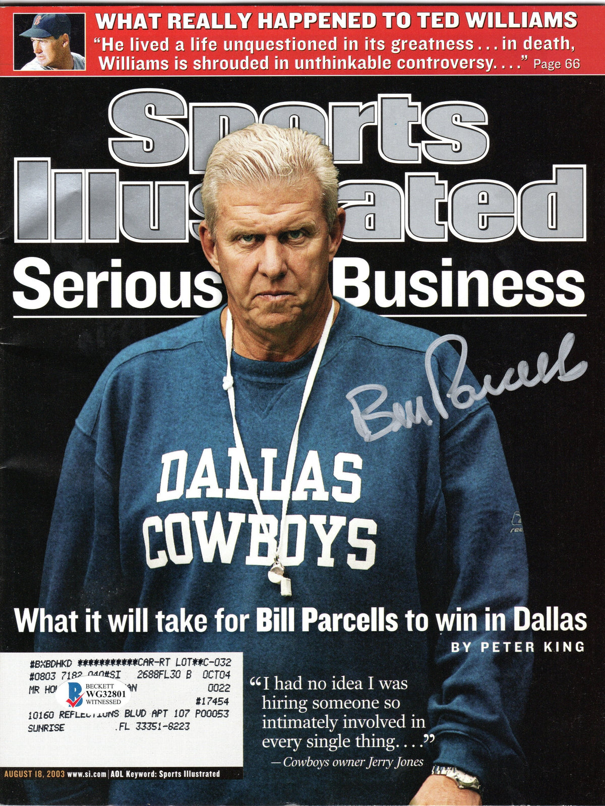 Bill Parcells Autographed Dallas Cowboys Sports Illustrated 8/18/2003 Beckett Authenticated