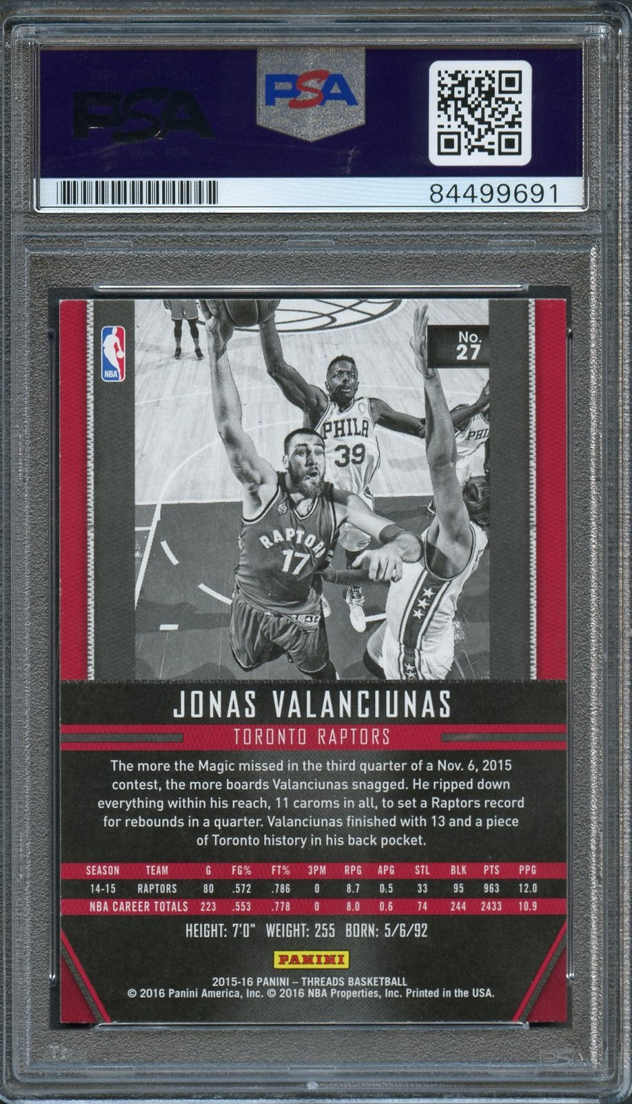 Back of Jonas Valanciunas Threads #27 card in PSA/DNA holder
