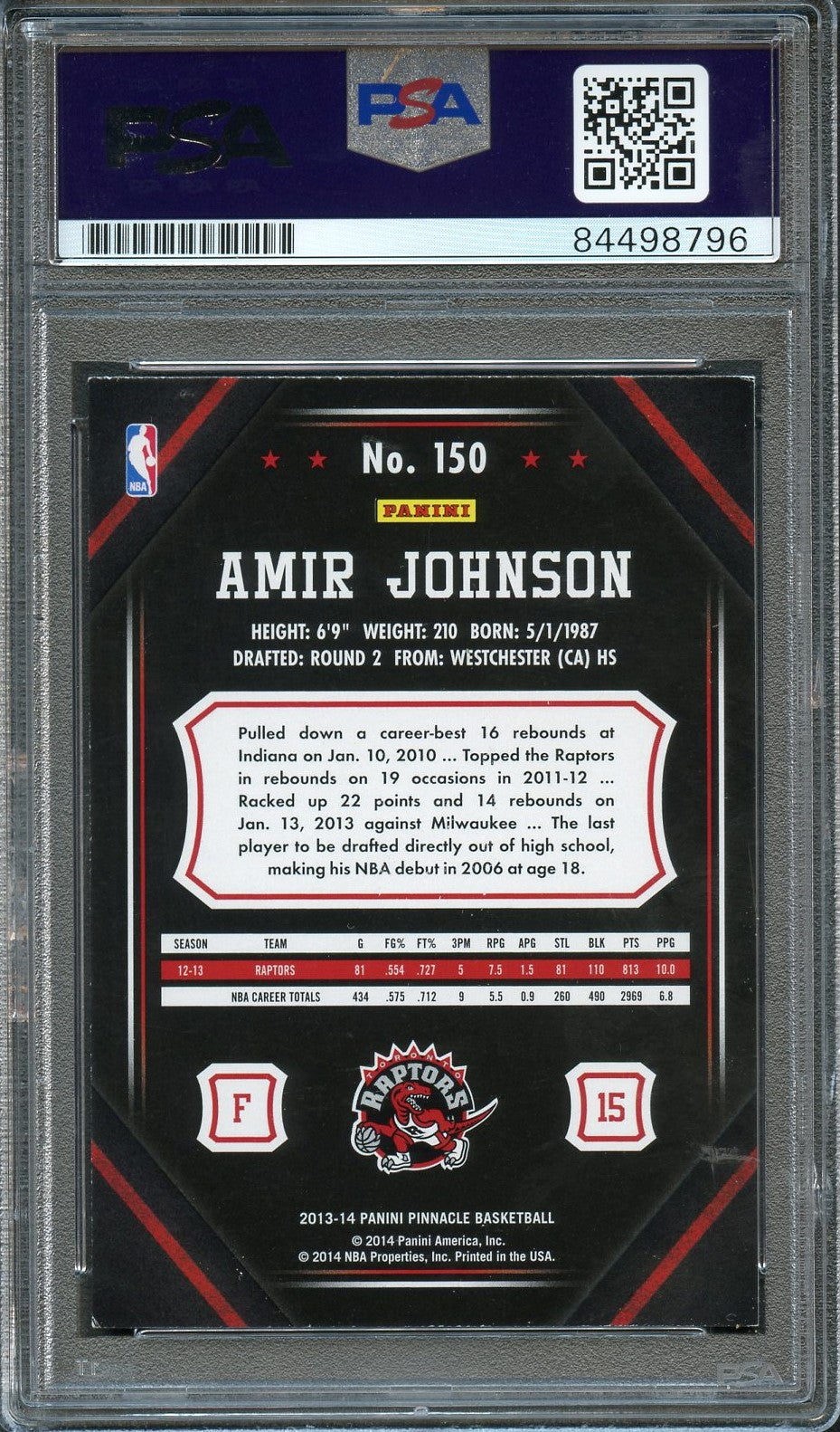 Back of Amir Johnson Pinnacle #150 card in PSA/DNA holder