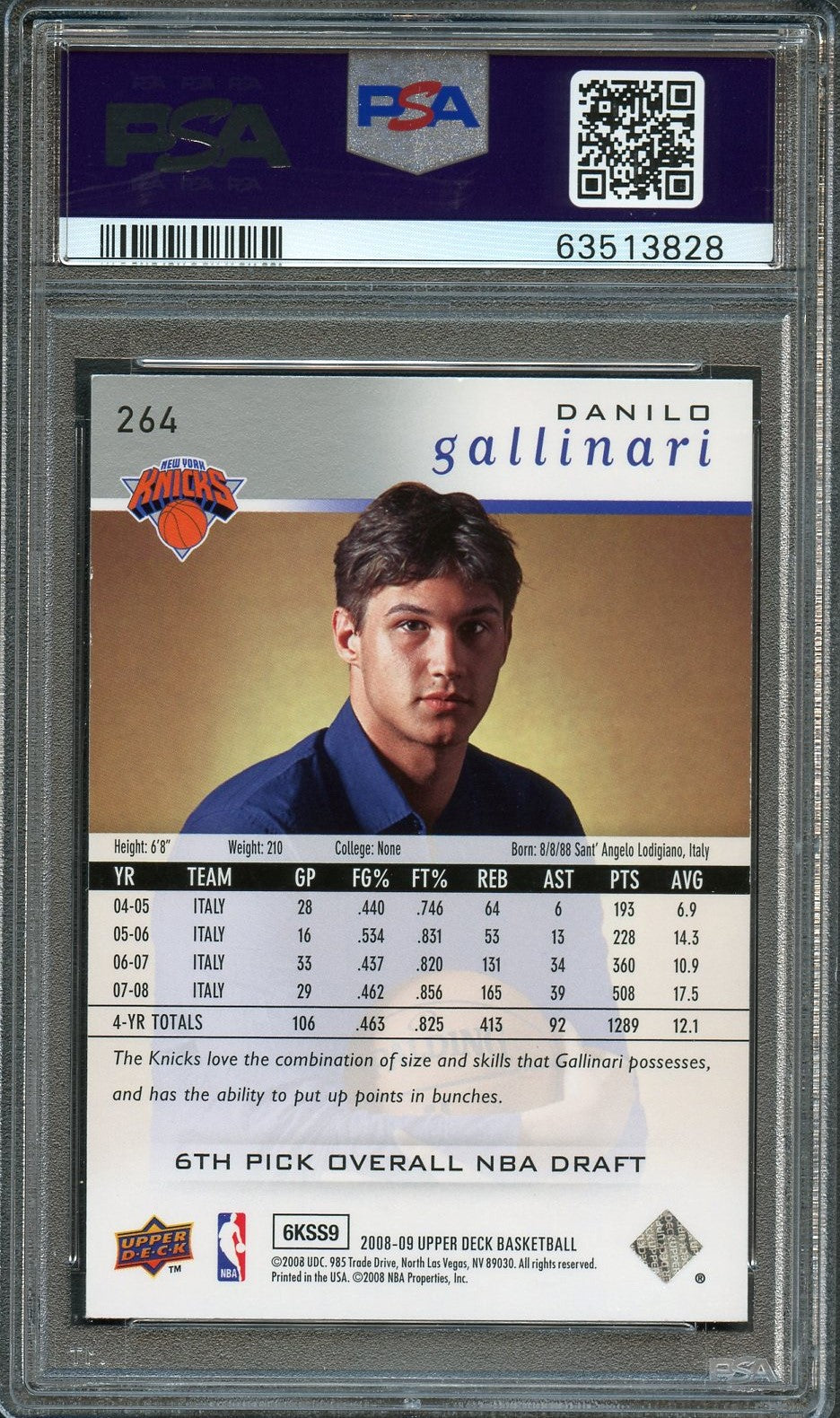 Back of Danilo Gallinari Upper Deck #264 card in PSA/DNA holder