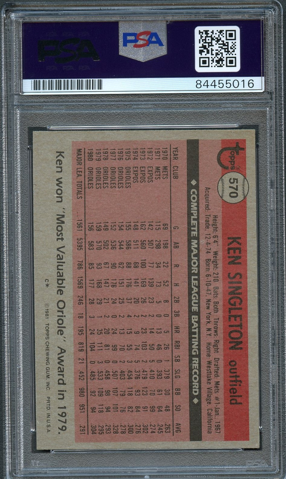 Back of Ken Singleton Topps #570 card in PSA/DNA holder
