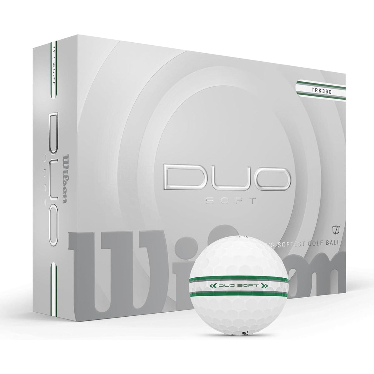 Wilson Golf DUO Soft golf balls 12-pack, shown with a white box and a golf ball featuring a green alignment stripe.