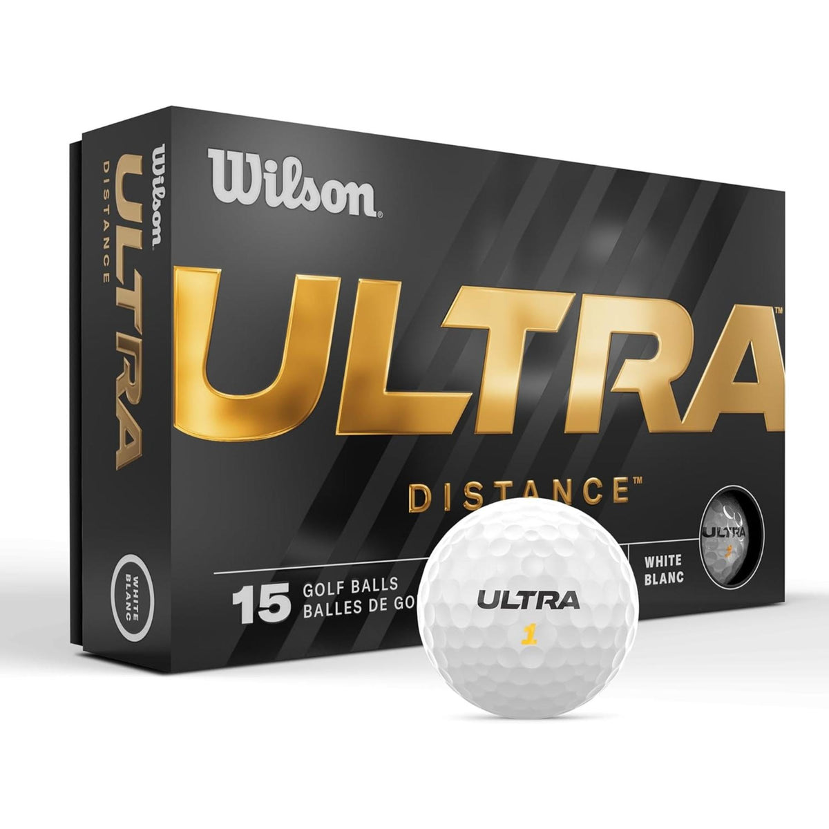 Wilson Ultra Distance golf balls (15-pack) designed for maximum distance and durability, featuring a high-energy core and durable cover for long, straight shots off the tee.