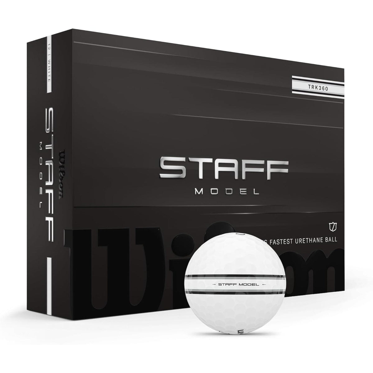 Wilson Staff Model® TRK360 golf balls feature a premium four-piece urethane construction with advanced V-COR™ core technology and a thin cast urethane cover to deliver exceptional speed, distance, and greenside spin. The TRK360 alignment aid helps improve aim and provides visual feedback on putts, while the seamless dimple design promotes a stable, penetrating ball flight. Each pack includes 12 balls engineered for tour-level performance and consistent control from tee to green.