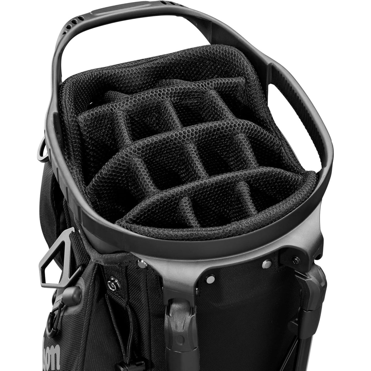 Wilson Golf Talus stand golf bag, multiple zippered pockets, built-in stand legs, and top carry handle, displayed on a white background.