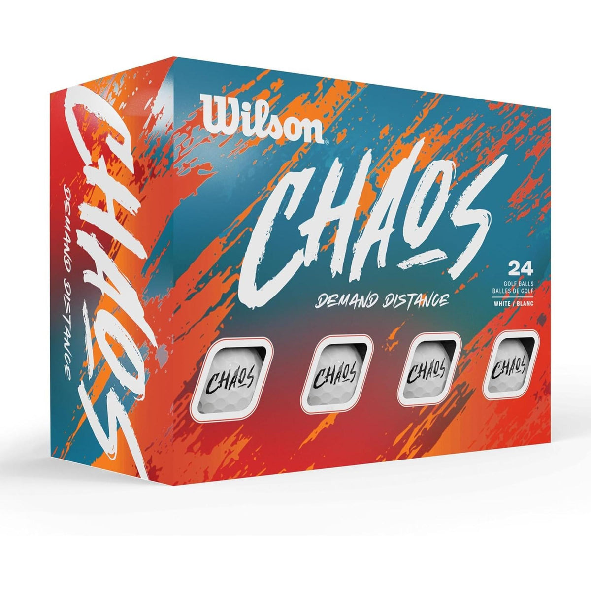 Wilson Golf CHAOS golf balls 24 pack in white, shown in a colorful orange and blue box with four visible ball windows and bold CHAOS branding.