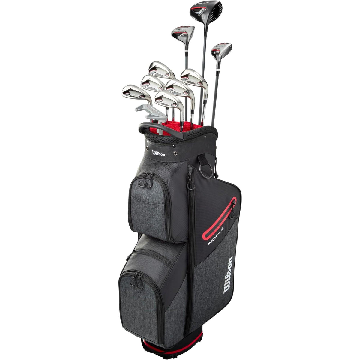 Wilson Golf Senior Profile complete golf club set with driver, fairway woods, irons, and putter in a black and gray cart bag with red accents, displayed on a white background.