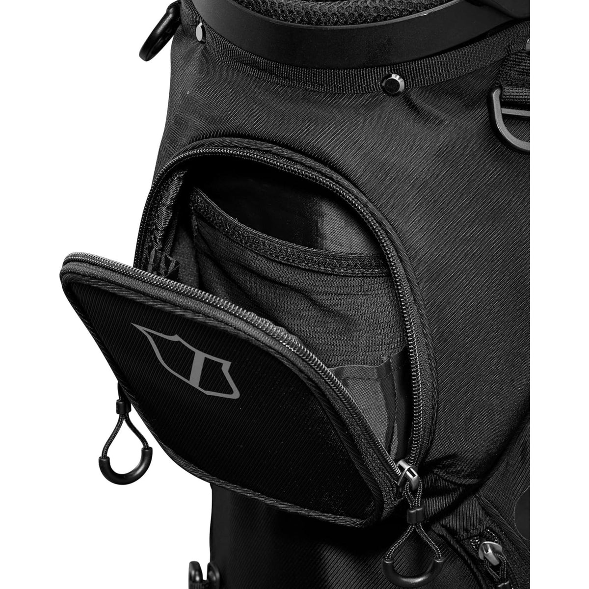 Wilson Golf Talus stand golf bag, multiple zippered pockets, built-in stand legs, and top carry handle, displayed on a white background.