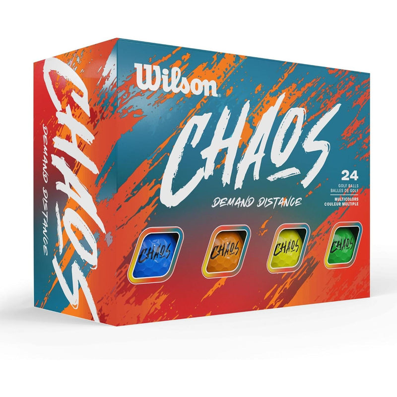 Wilson Golf CHAOS golf balls 24 pack in yellow, shown in a colorful orange and blue box with four visible ball windows and bold CHAOS branding.