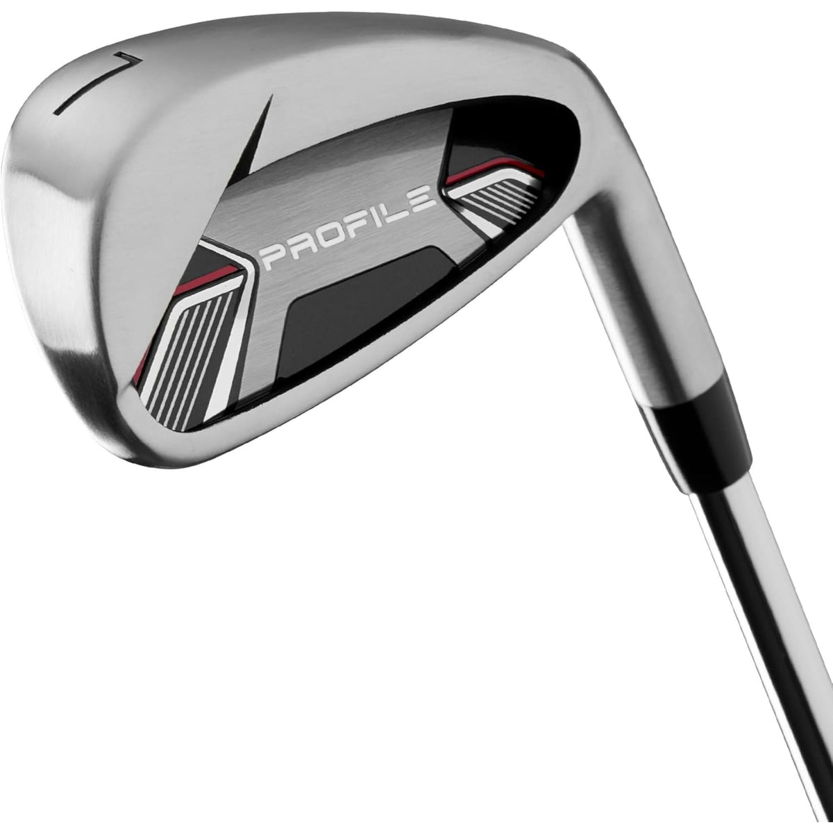 Wilson Golf Men’s Profile complete golf club set with driver, woods, irons, and putter in a black and gray stand bag with red accents and built-in legs, displayed on a white background.