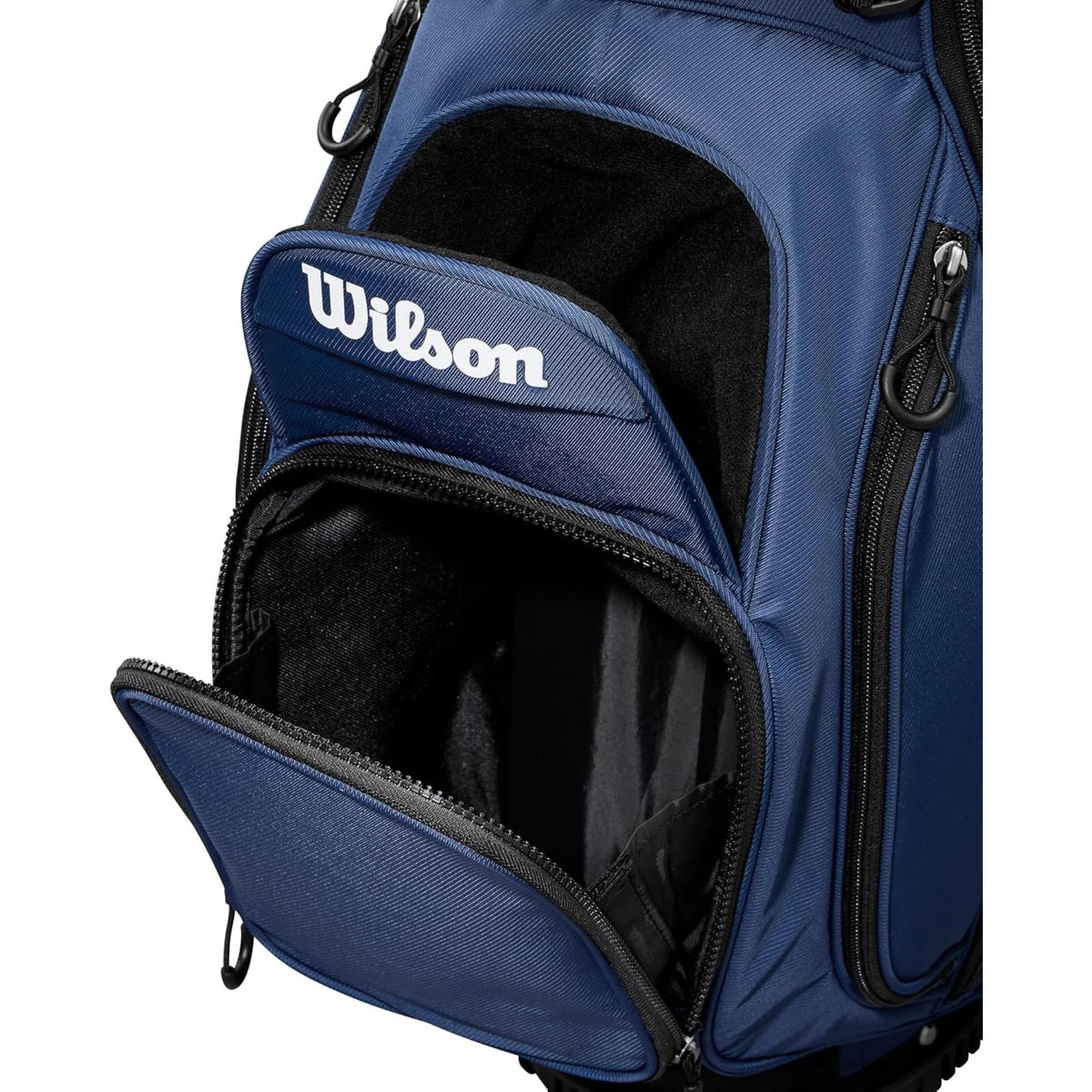 Wilson Golf Talus stand golf bag, multiple zippered pockets, built-in stand legs, and top carry handle, displayed on a white background.