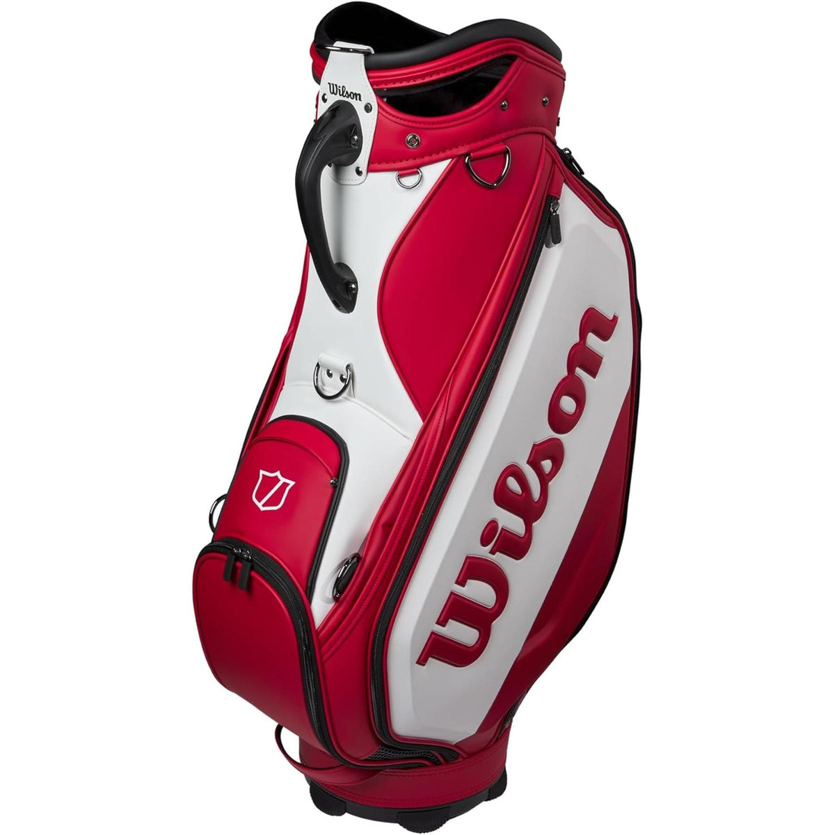 Wilson Golf Staff Tour cart bag in red and white with large Wilson logo, premium structured design, and multiple zippered storage pockets, displayed on a white background.