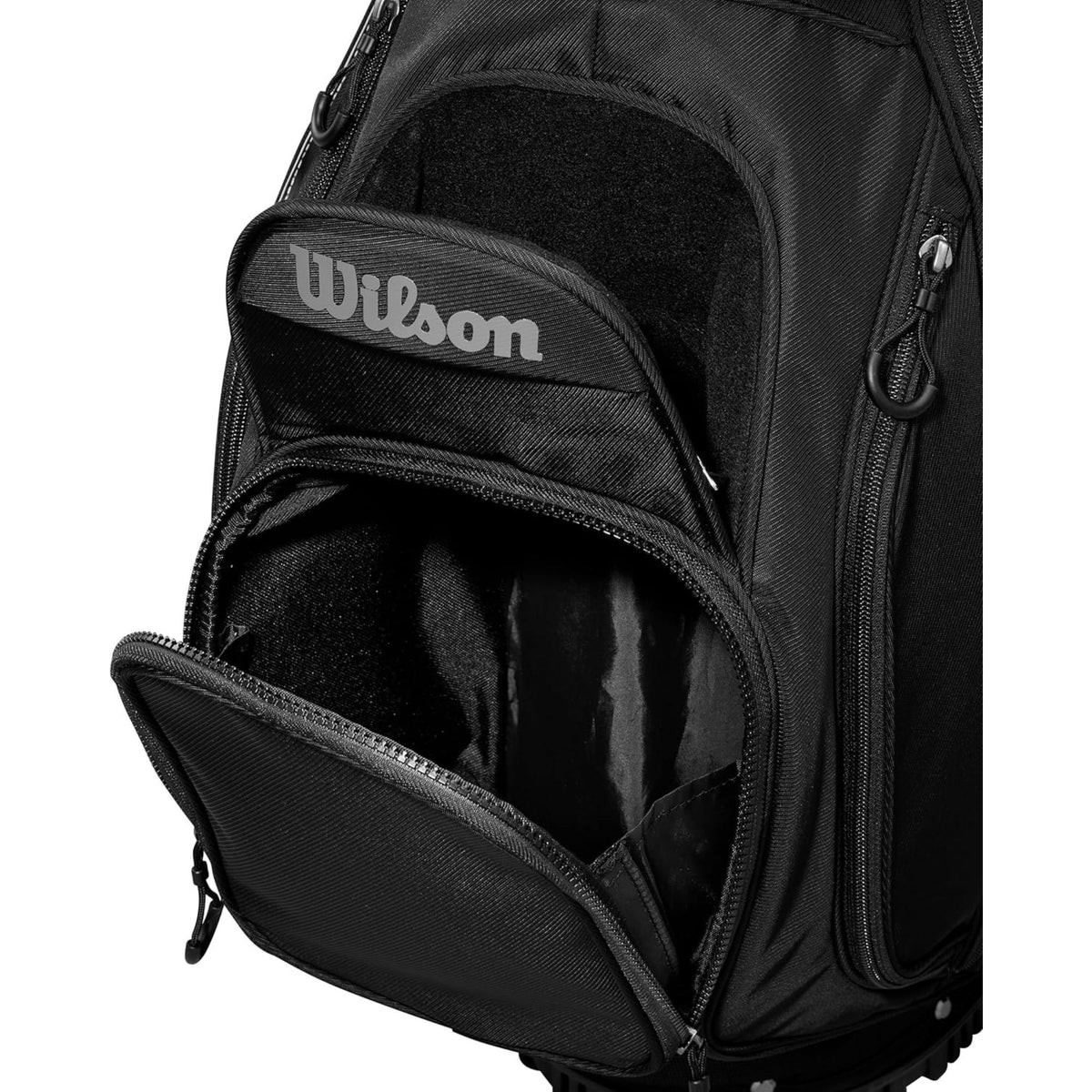 Wilson Golf Talus stand golf bag, multiple zippered pockets, built-in stand legs, and top carry handle, displayed on a white background.
